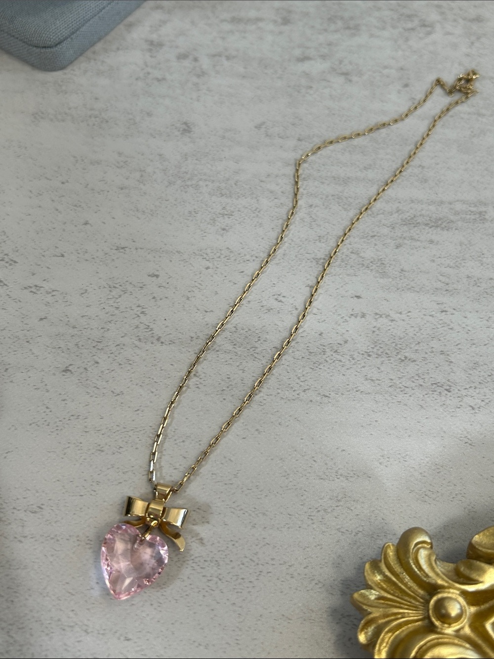 Vintage Avon Gold-Tone Necklace with Pink Acrylic Heart and Bow Pendant